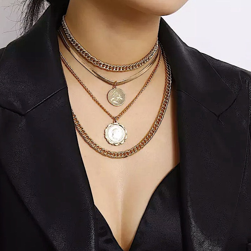 GOLD COIN VINTAGE MULTILAYER MINIMALIST NECKLACE - Picture 3 of 7